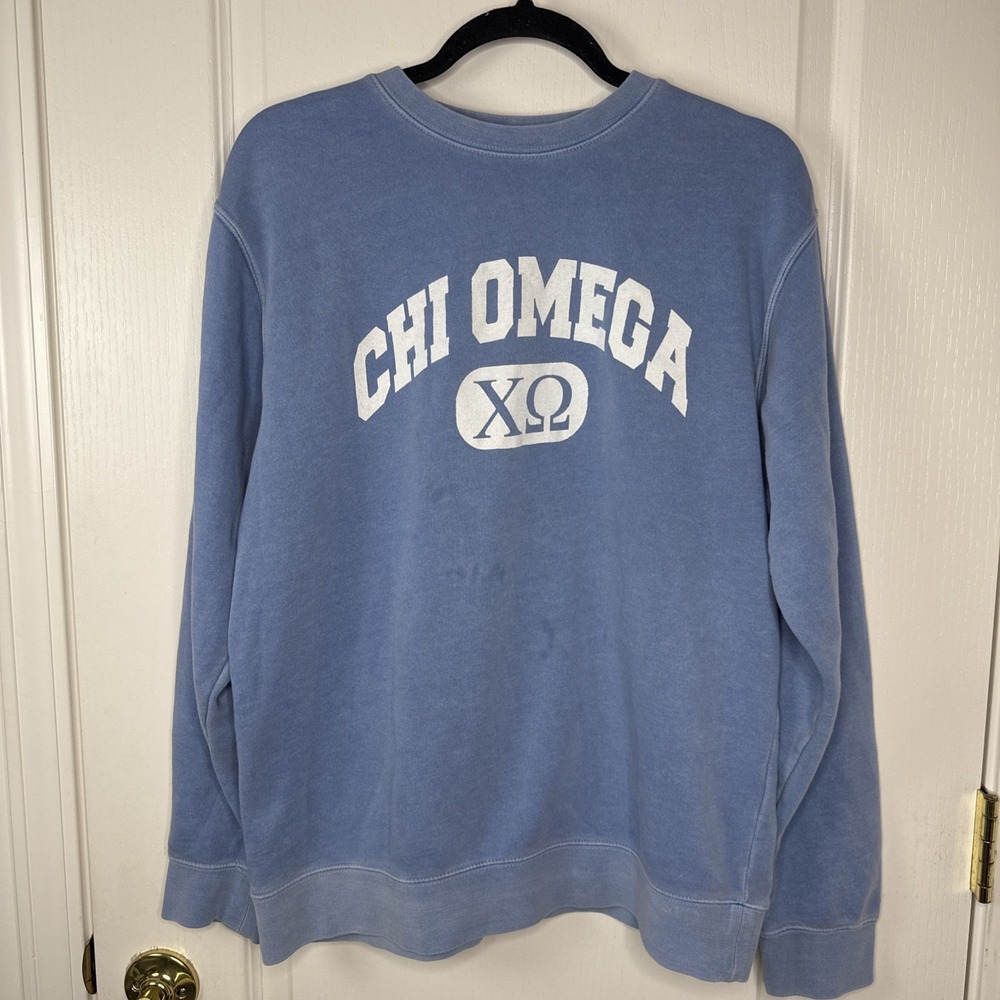 Chi Omega Sorority Crewneck Sweatshirt Womens M Light Blue Pigment Dyed Greek